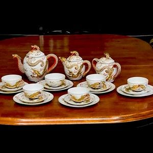 Rare Antique C 1920's Meijyo Kutani Japan Dragon 6 Place Tea Cup Set 24 pc MINT